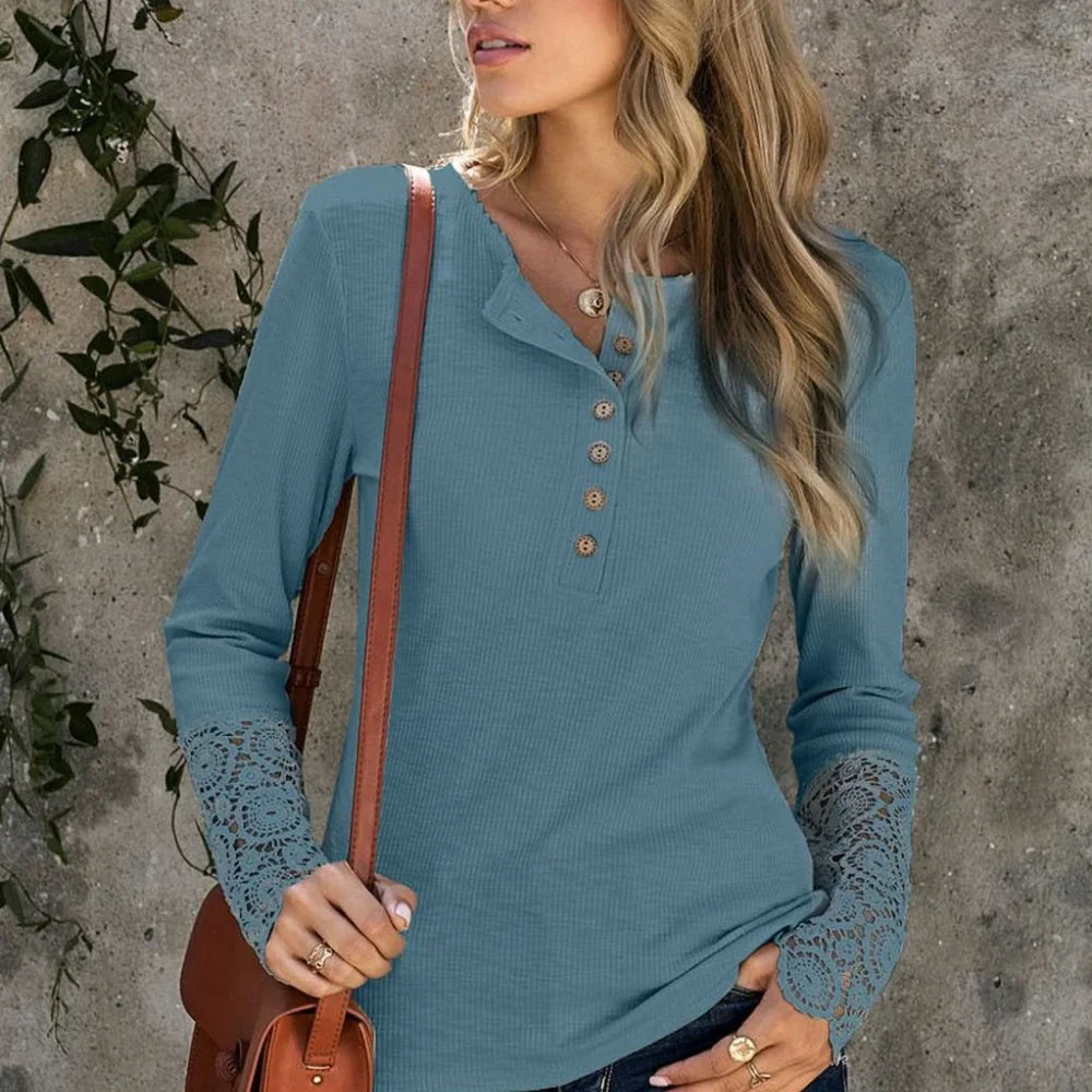 Blue Crochet Lace Hem Sleeve Button Top - Picture 8 of 10